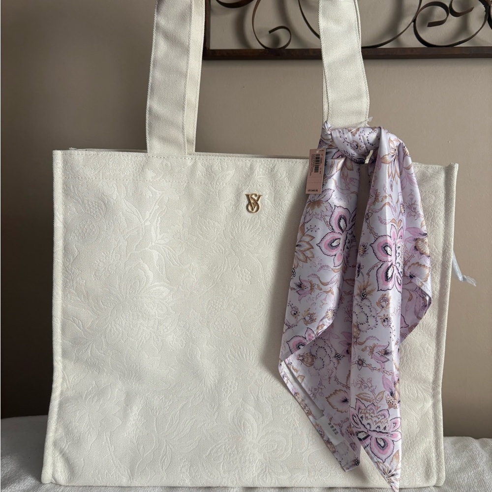 Victoria's Secret White Tote with Floral Scarf